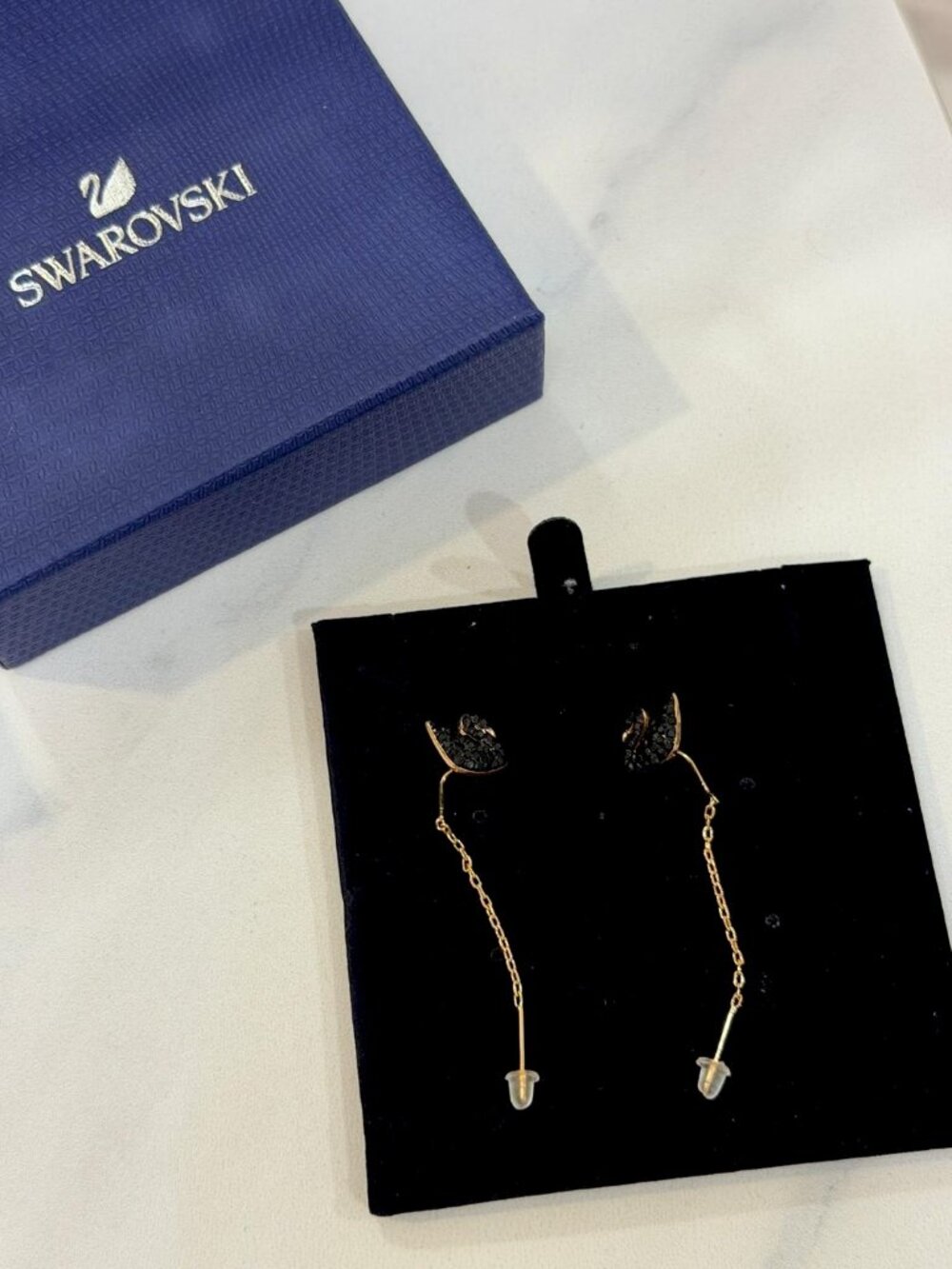 Swarovski Swan Crystal Earrings - Black Gold Tone Pavé Elegant Stud Drop Jewelry